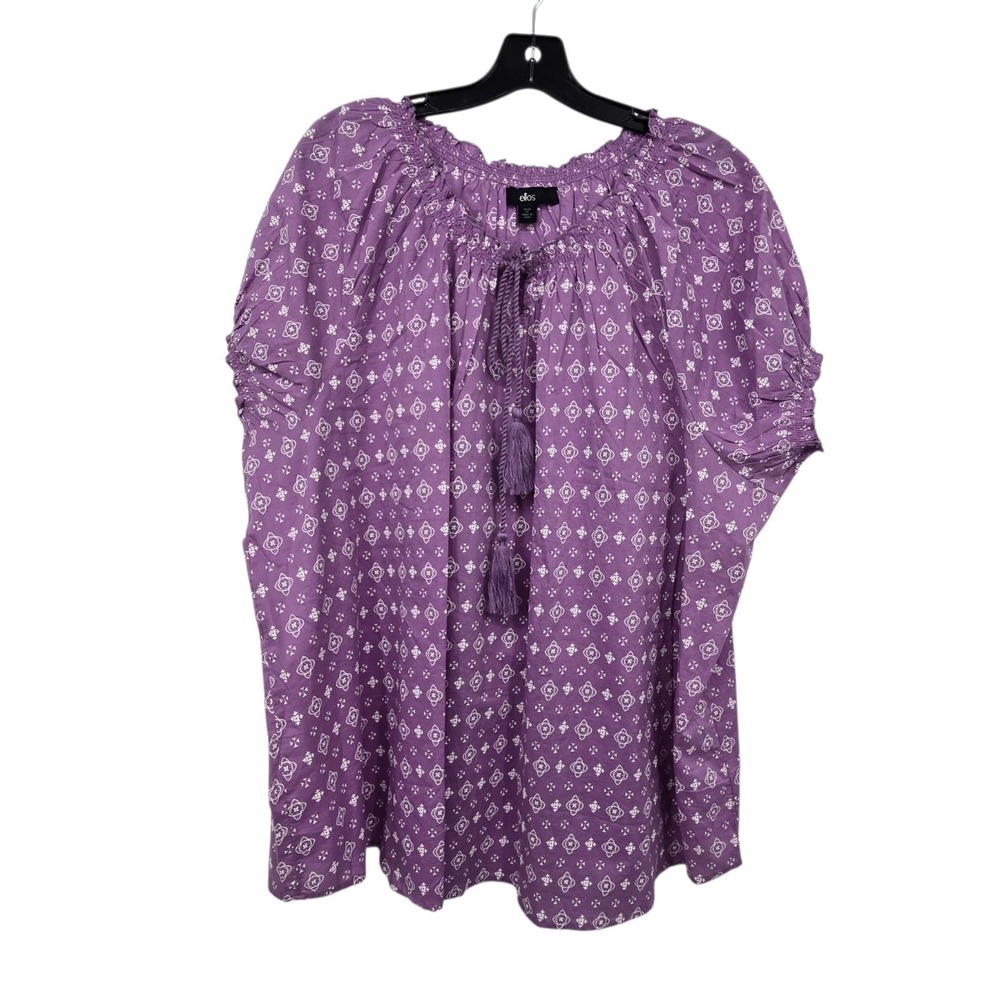 Ellos Smocked Neck Peasant Blouse Top Womens 2X 26/28 Purple Geometric Pattern
